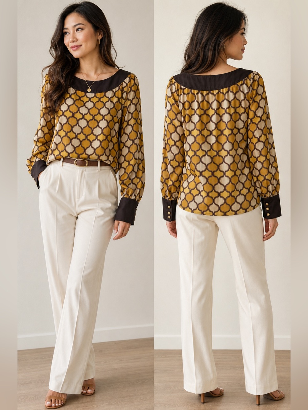 Tory Burch Geometric Wool Silk Print Blouse Top Size 6 Retro Mod Career Chic